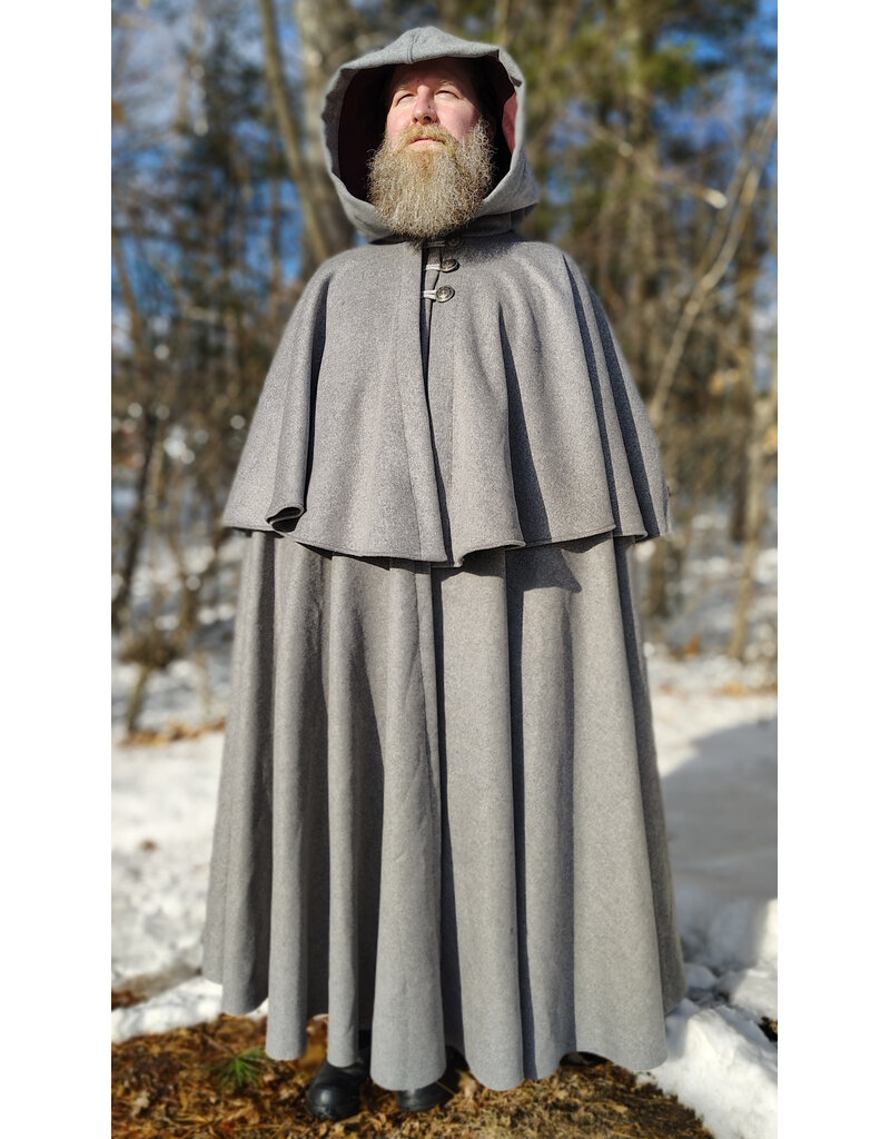 Cloakmakers.com 5930-Light Grey Wool Blend Mantle Cloak w/ Dark Maroon Velveteen Hood Lining & Triple Button & Loop Closure