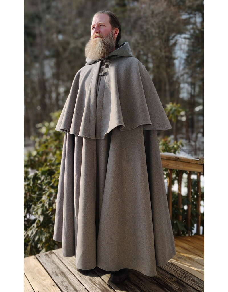 Cloakmakers.com 5930-Light Grey Wool Blend Mantle Cloak w/ Dark Maroon Velveteen Hood Lining & Triple Button & Loop Closure