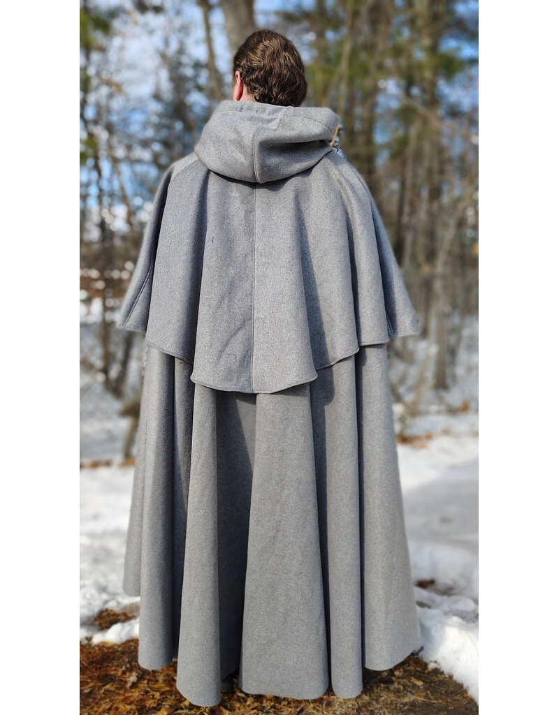 Cloakmakers.com 5930-Light Grey Wool Blend Mantle Cloak w/ Dark Maroon Velveteen Hood Lining & Triple Button & Loop Closure