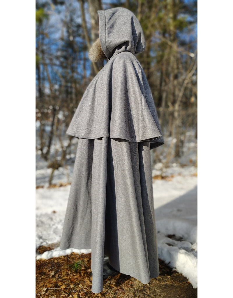 Cloakmakers.com 5930-Light Grey Wool Blend Mantle Cloak w/ Dark Maroon Velveteen Hood Lining & Triple Button & Loop Closure