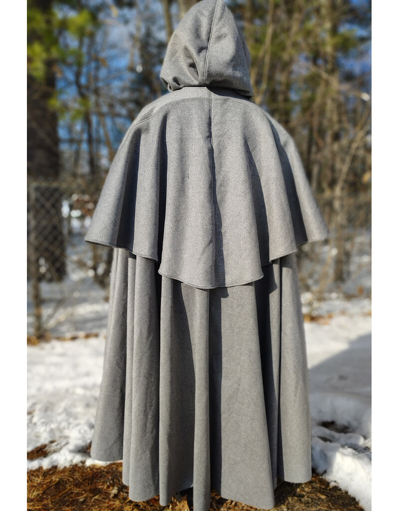 Cloakmakers.com 5930-Light Grey Wool Blend Mantle Cloak w/ Dark Maroon Velveteen Hood Lining & Triple Button & Loop Closure