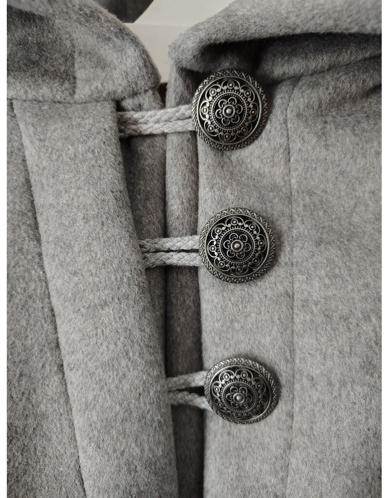 Cloakmakers.com 5930-Light Grey Wool Blend Mantle Cloak w/ Dark Maroon Velveteen Hood Lining & Triple Button & Loop Closure