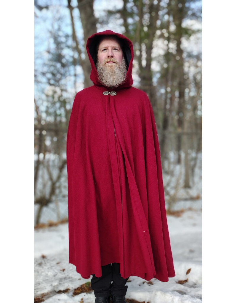 Cloakmakers.com 5931-Washable Red Wool Cloak w/ Black Velvet Hood Lining & Gothic Rose Clasp