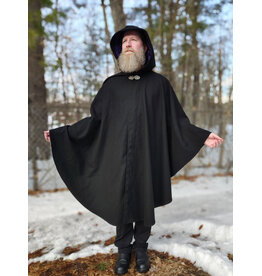 Cloakmakers.com 5932-Washable Black Wool Ruana Cloak w/ Purple Velvet Hood Lining & Gothic Rose Clasp