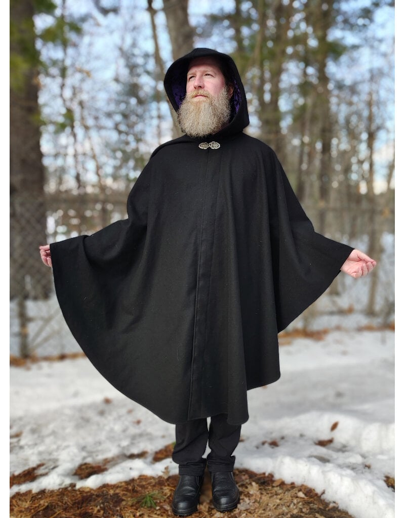 Cloakmakers.com 5932-Washable Black Wool Ruana Cloak w/ Purple Velvet Hood Lining & Gothic Rose Clasp