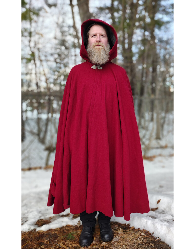 Cloakmakers.com 5933-Washable Red Wool Cloak w/ Grey Faux Suede Hood Lining & Triple Medallion Clasp