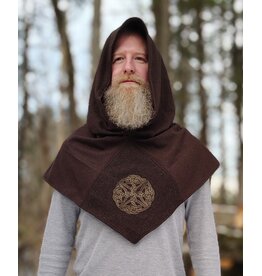 Cloakmakers.com H551-Washable Brown Wool Blend Hooded Cowl w/ Celtic Knot Embroidery