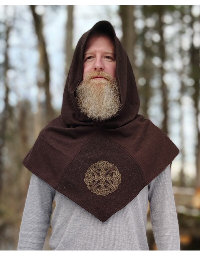 Cloakmakers.com H551-Washable Brown Wool Blend Hooded Cowl w/ Celtic Knot Embroidery