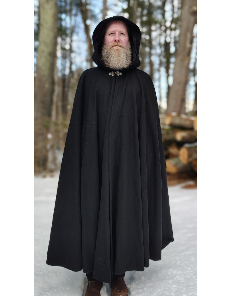 Cloakmakers.com 5934-Washable Black Wool Blend Cloak w/ Black Velvet Hood Lining & Triple Medallion Clasp