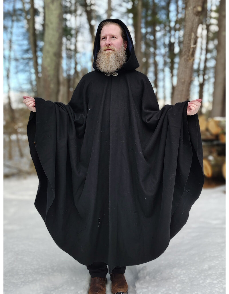 Cloakmakers.com 5935-Washable Black Wool Blend Cloak w/ Dark Blue Velvet Hood Lining & Gothic Rose Clasp