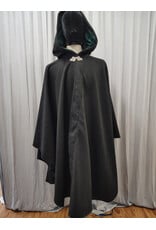 Cloakmakers.com 5936-Washable Black Wool Ruana Cloak w/ Green Velvet Hood Lining & Triple Medallion Clasp