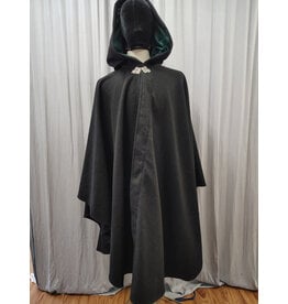 Cloakmakers.com 5936-Washable Black Wool Ruana Cloak w/ Green Velvet Hood Lining & Triple Medallion Clasp