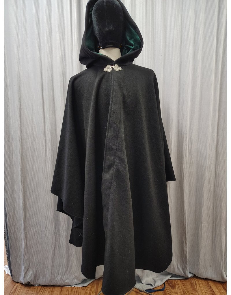 Cloakmakers.com 5936-Washable Black Wool Ruana Cloak w/ Green Velvet Hood Lining & Triple Medallion Clasp