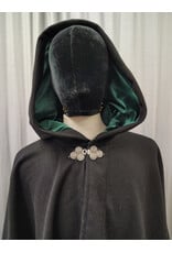 Cloakmakers.com 5936-Washable Black Wool Ruana Cloak w/ Green Velvet Hood Lining & Triple Medallion Clasp