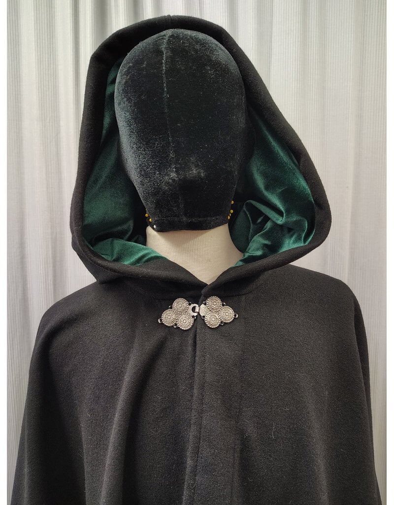 Cloakmakers.com 5936-Washable Black Wool Ruana Cloak w/ Green Velvet Hood Lining & Triple Medallion Clasp