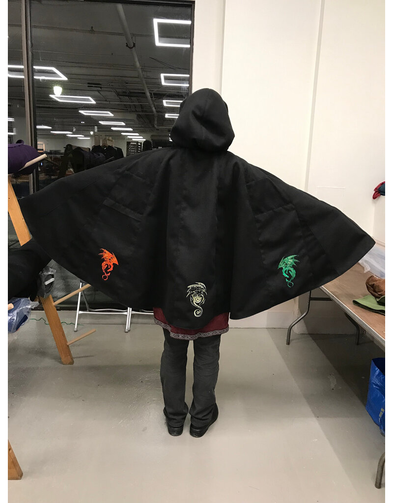 Cloakmakers.com 5938-Washable Black Faux Wool Cloak w/ Iced Plum Velvet Hood Lining & Multiple Dragon Embroidery