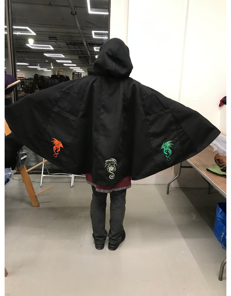 Cloakmakers.com 5938-Washable Black Faux Wool Cloak w/ Iced Plum Velvet Hood Lining & Multiple Dragon Embroidery