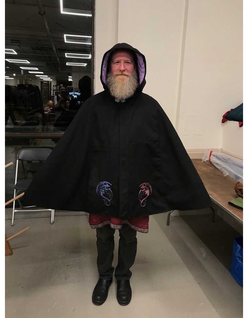Cloakmakers.com 5938-Washable Black Faux Wool Cloak w/ Iced Plum Velvet Hood Lining & Multiple Dragon Embroidery