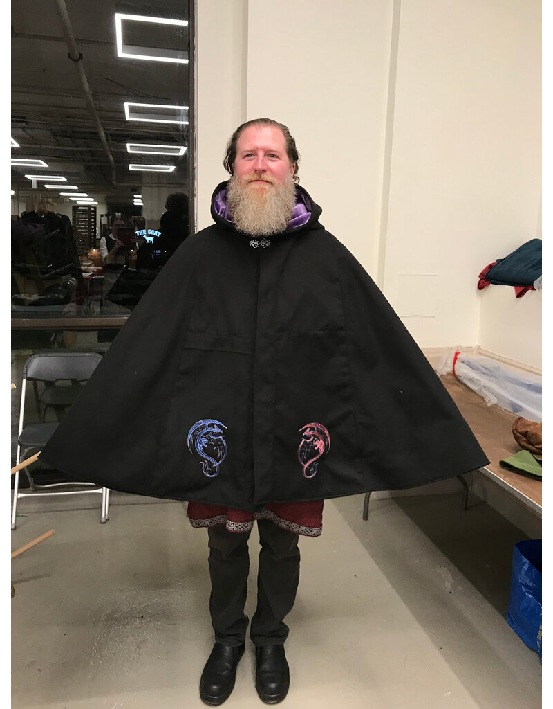 Cloakmakers.com 5938-Washable Black Faux Wool Cloak w/ Iced Plum Velvet Hood Lining & Multiple Dragon Embroidery