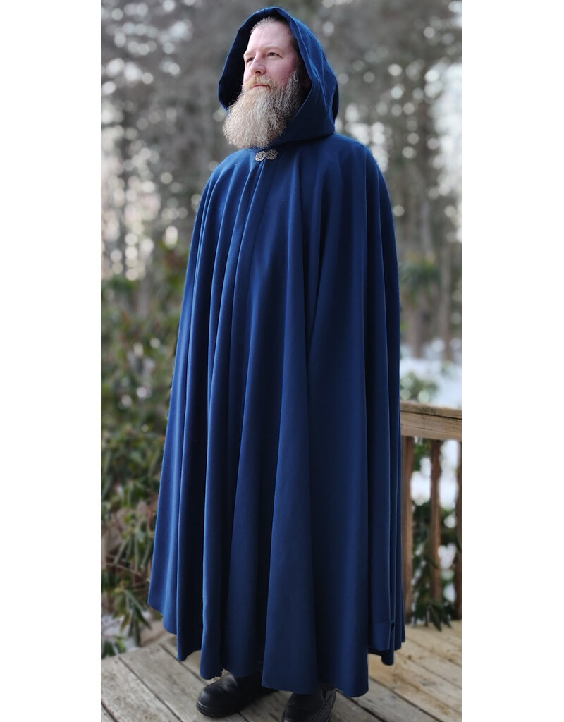 Cloakmakers.com 5940-Washable Blue Woven Wool Cloak w/ Blue Velvet Hood Lining & Celtic Rosette Clasp