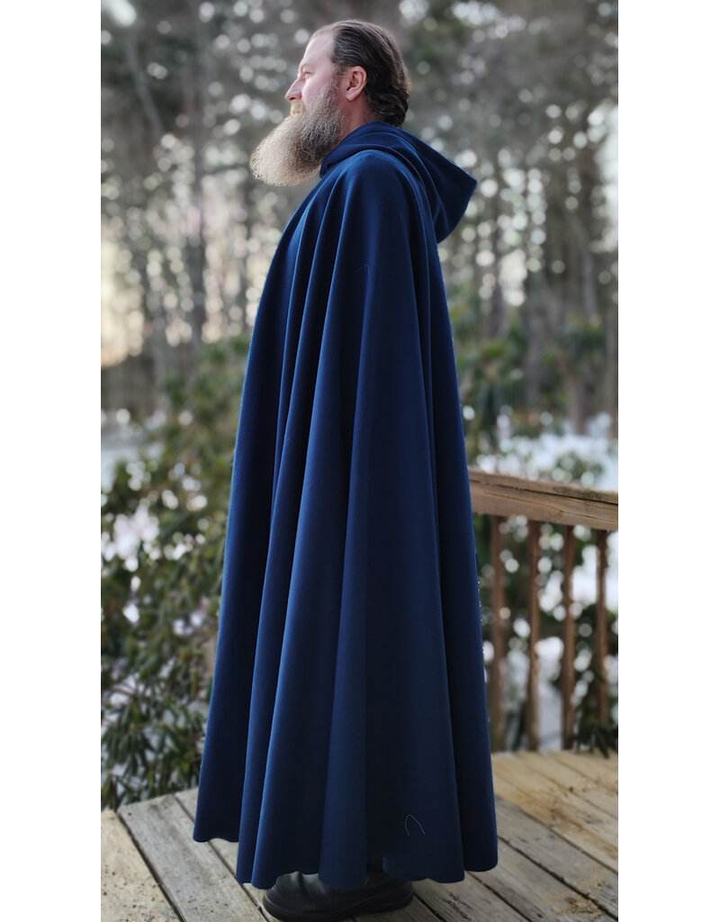 Cloakmakers.com 5940-Washable Blue Woven Wool Cloak w/ Blue Velvet Hood Lining & Celtic Rosette Clasp