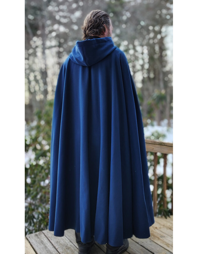 Cloakmakers.com 5940-Washable Blue Woven Wool Cloak w/ Blue Velvet Hood Lining & Celtic Rosette Clasp