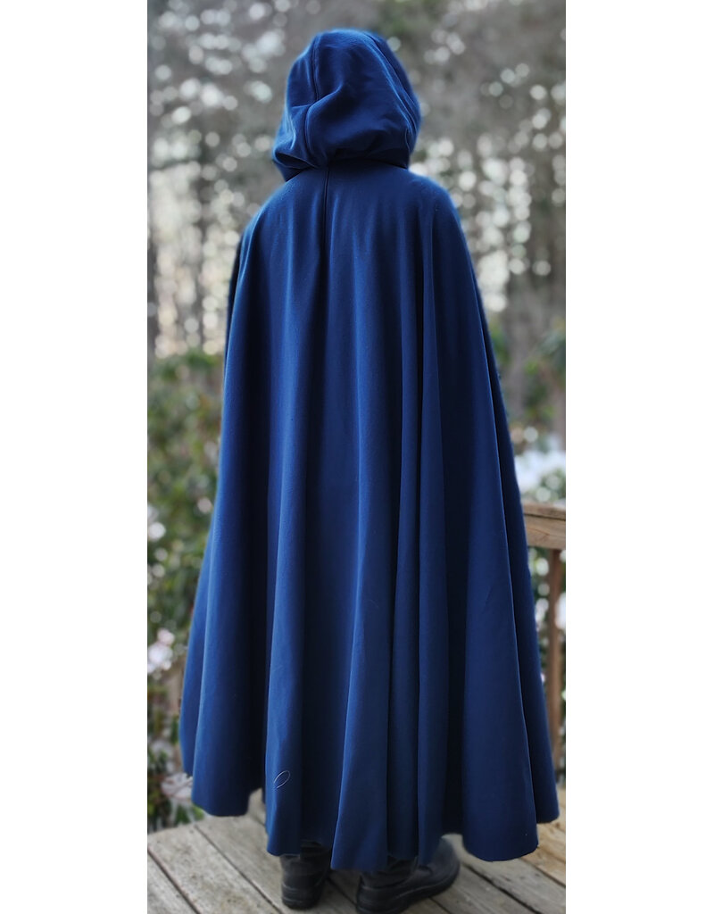 Cloakmakers.com 5940-Washable Blue Woven Wool Cloak w/ Blue Velvet Hood Lining & Celtic Rosette Clasp