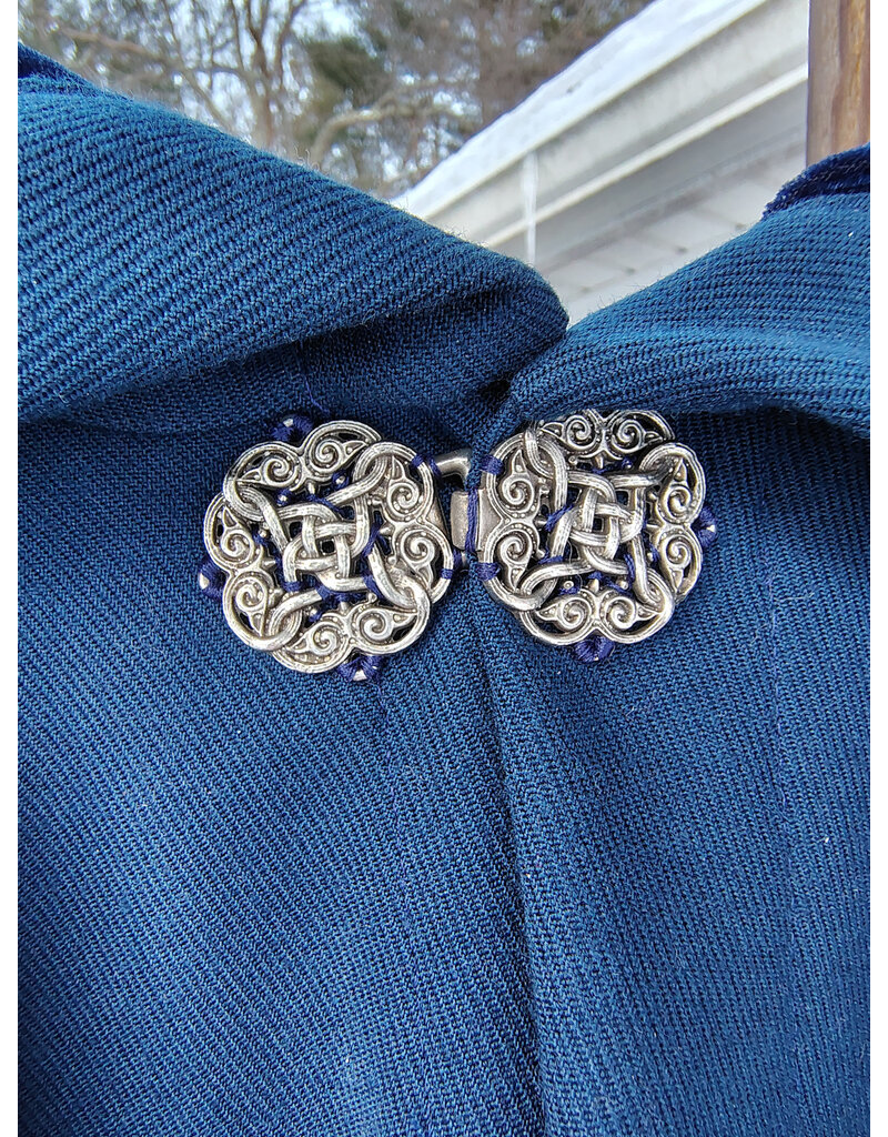 Cloakmakers.com 5940-Washable Blue Woven Wool Cloak w/ Blue Velvet Hood Lining & Celtic Rosette Clasp
