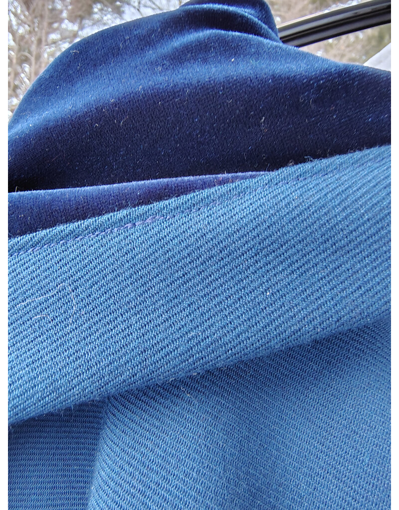 Cloakmakers.com 5940-Washable Blue Woven Wool Cloak w/ Blue Velvet Hood Lining & Celtic Rosette Clasp