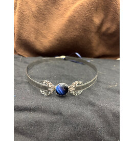 Cloakmakers.com Triple Goddess Dark Blue Catseye Stone w/ Filigree Cresent Moons on Silvertone Bordered Burnish Band - Circlet