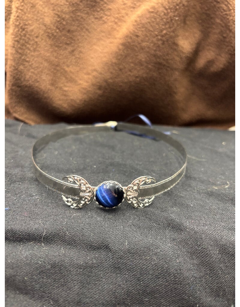 Cloakmakers.com Triple Goddess Dark Blue Catseye Stone w/ Filigree Cresent Moons on Silvertone Bordered Burnish Band - Circlet
