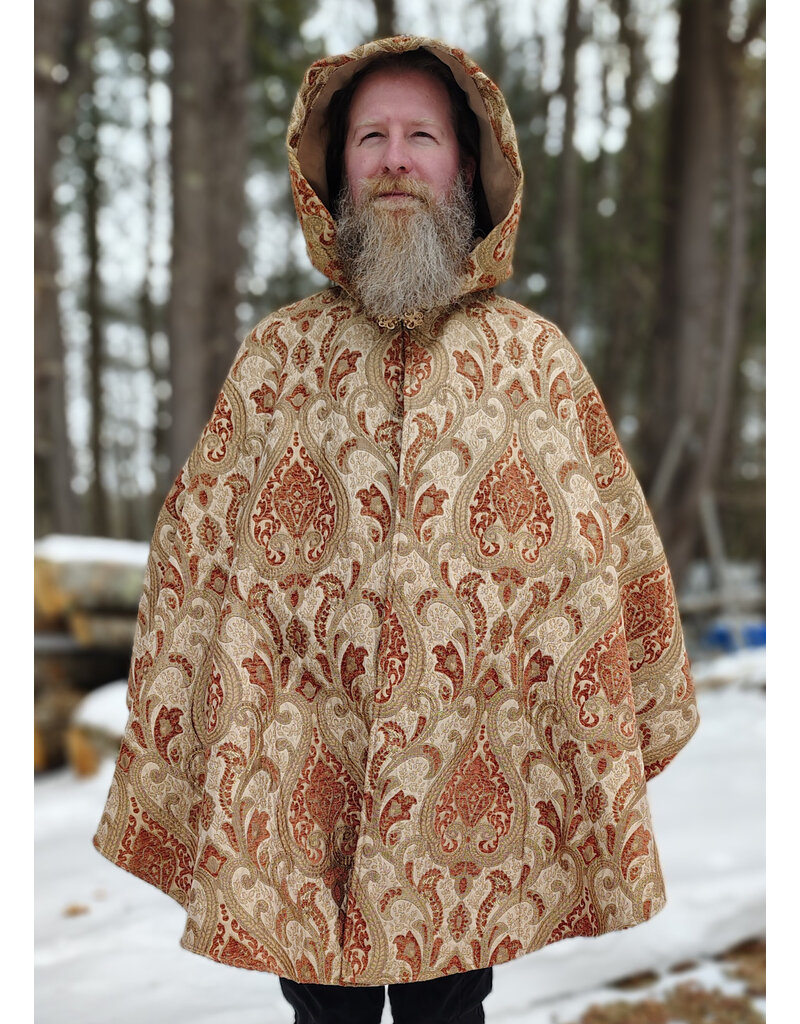Cloakmakers.com 5941-Washable Tan and Copper Brocade Cloak w/ Tan Velveteen Hood Lining & Pockets