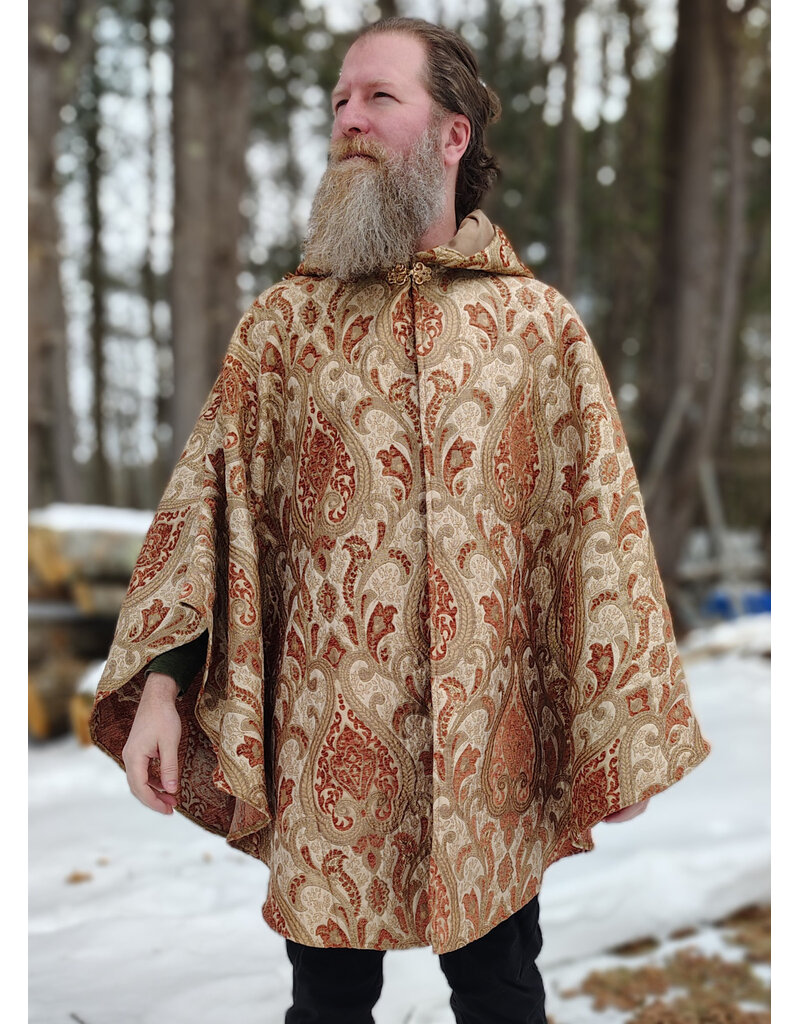 Cloakmakers.com 5941-Washable Tan and Copper Brocade Cloak w/ Tan Velveteen Hood Lining & Pockets