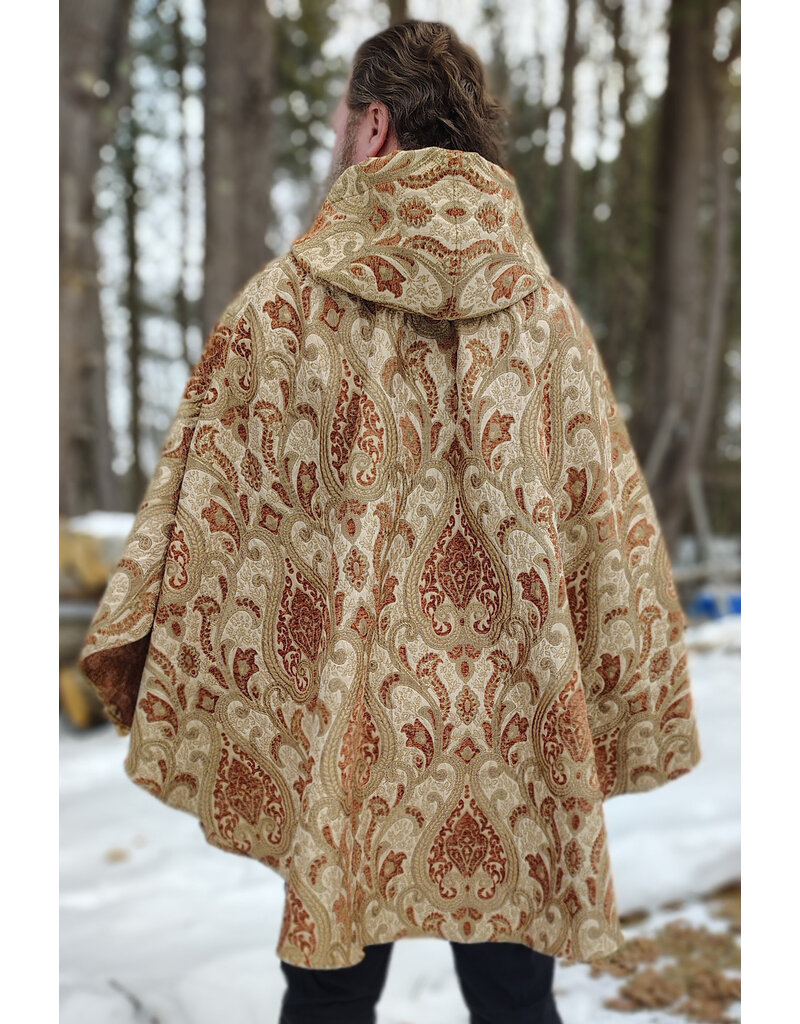 Cloakmakers.com 5941-Washable Tan and Copper Brocade Cloak w/ Tan Velveteen Hood Lining & Pockets