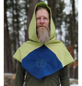 Cloakmakers.com H552-Washable Green & Blue Fleece Hooded Cowl w/ Celtic Wreath Embroidery