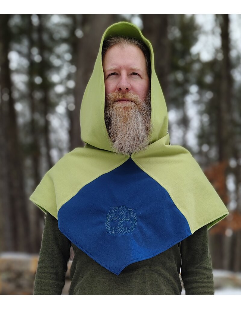 Cloakmakers.com H552-Washable Green & Blue Fleece Hooded Cowl w/ Celtic Wreath Embroidery