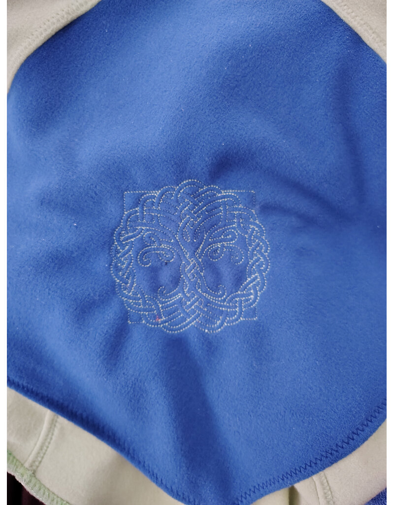 Cloakmakers.com H552-Washable Green & Blue Fleece Hooded Cowl w/ Celtic Wreath Embroidery