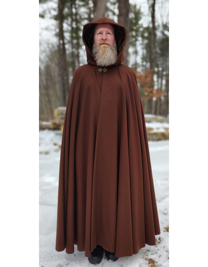 Cloakmakers.com 5942-Brown Wool Blend Cloak w/ Brown Velvet Hood Lining & Bronze Tone Clasp
