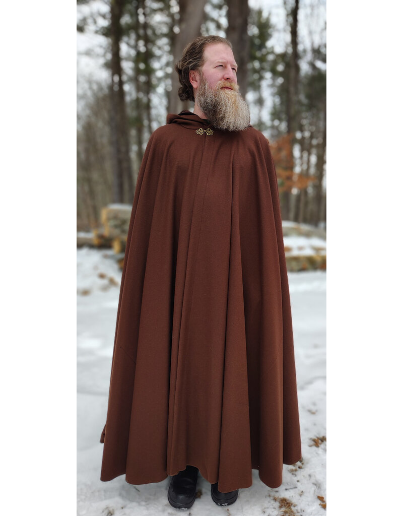 Cloakmakers.com 5942-Brown Wool Blend Cloak w/ Brown Velvet Hood Lining & Bronze Tone Clasp