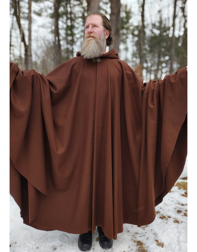 Cloakmakers.com 5942-Brown Wool Blend Cloak w/ Brown Velvet Hood Lining & Bronze Tone Clasp