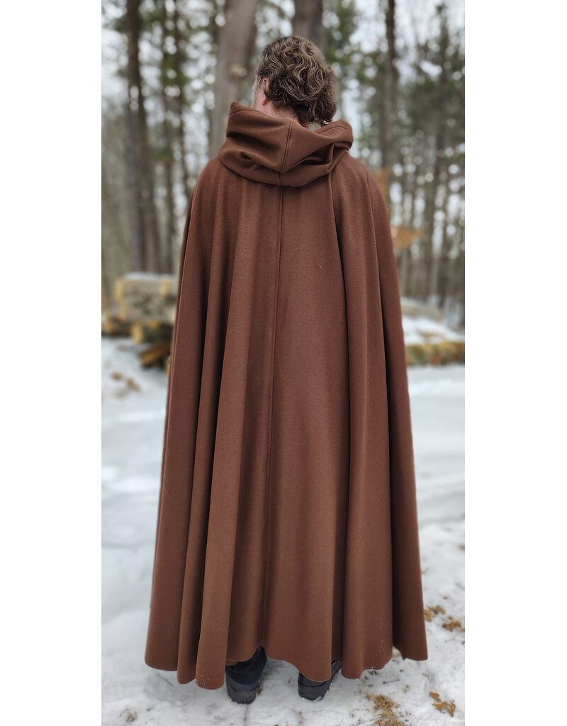 Cloakmakers.com 5942-Brown Wool Blend Cloak w/ Brown Velvet Hood Lining & Bronze Tone Clasp