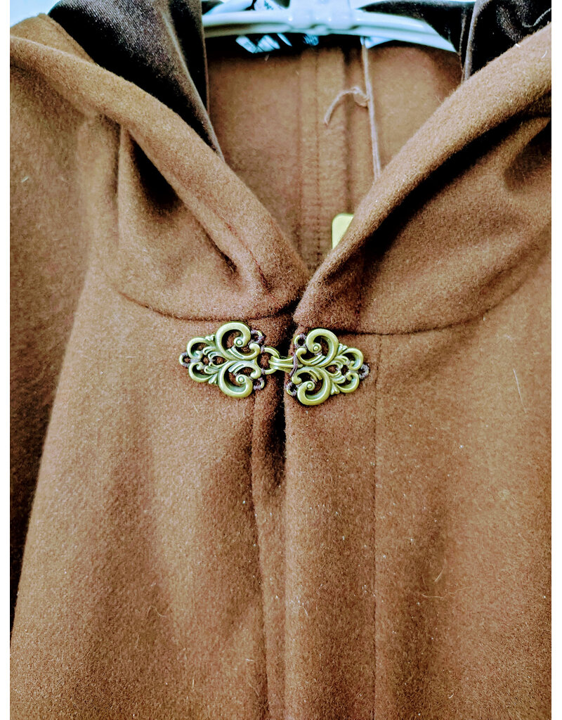 Cloakmakers.com 5942-Brown Wool Blend Cloak w/ Brown Velvet Hood Lining & Bronze Tone Clasp