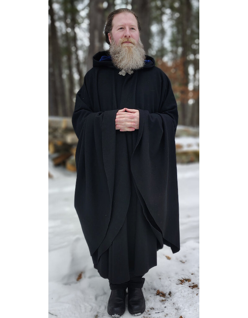 Cloakmakers.com 5945-Washable Black Wool Cloak w/ Blue Velvet Hood Lining & Triple Medallion Clasp