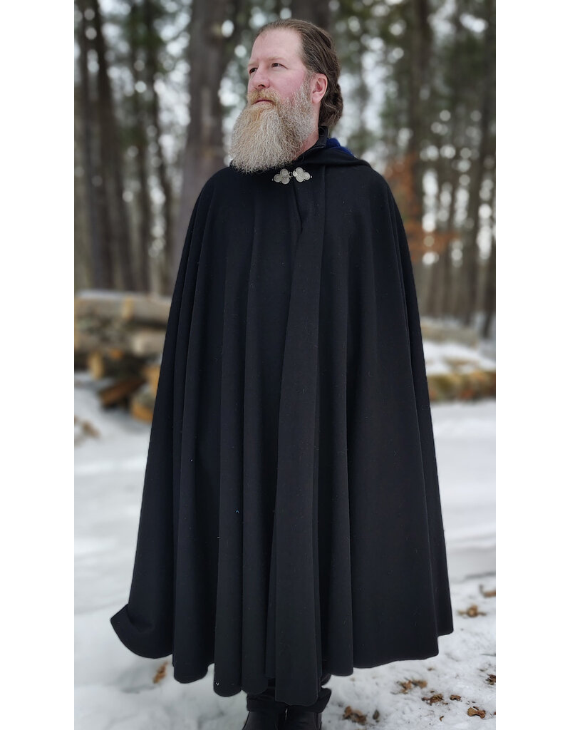 Cloakmakers.com 5945-Washable Black Wool Cloak w/ Blue Velvet Hood Lining & Triple Medallion Clasp