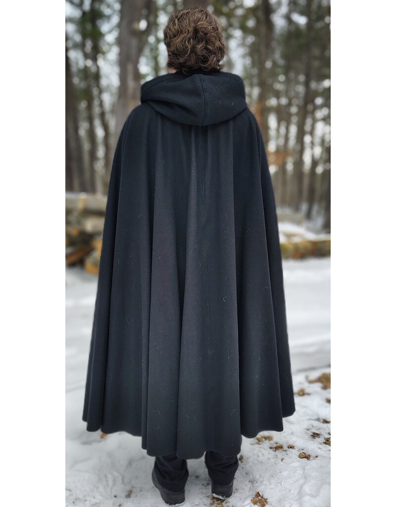 Cloakmakers.com 5945-Washable Black Wool Cloak w/ Blue Velvet Hood Lining & Triple Medallion Clasp