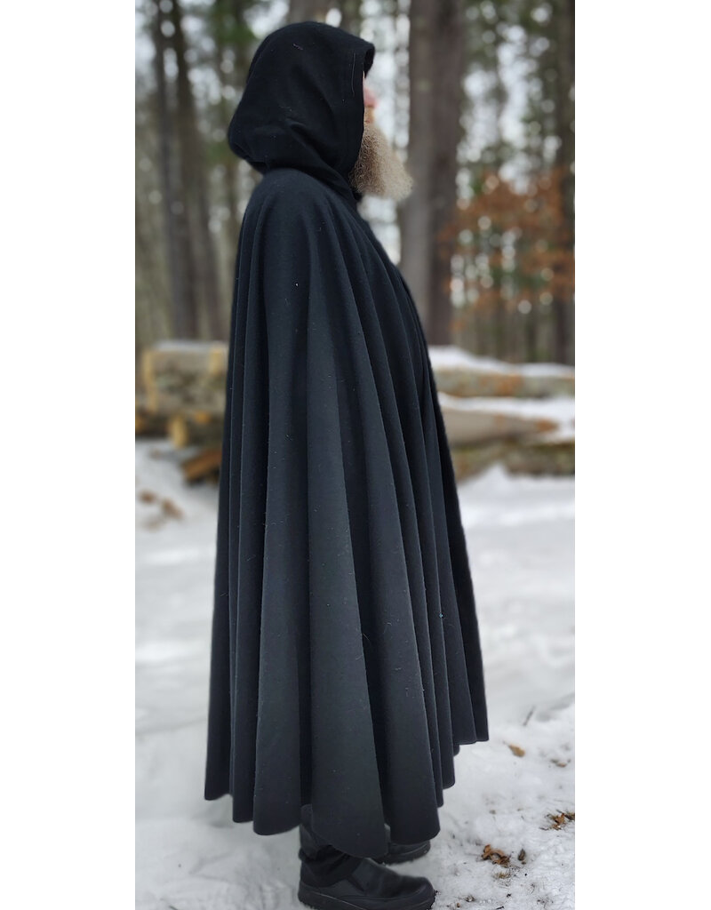 Cloakmakers.com 5945-Washable Black Wool Cloak w/ Blue Velvet Hood Lining & Triple Medallion Clasp