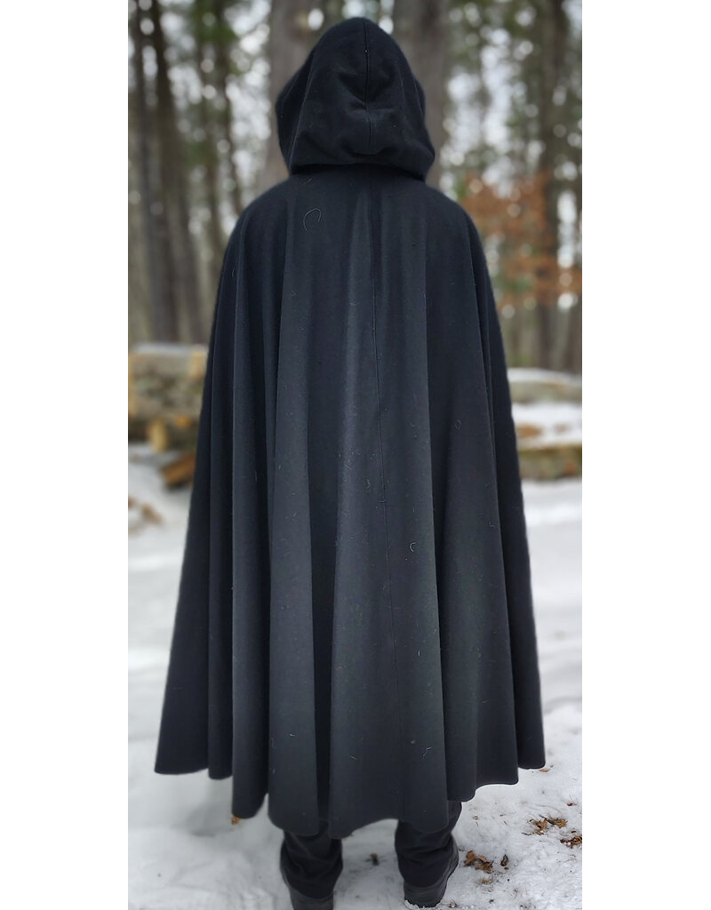 Cloakmakers.com 5945-Washable Black Wool Cloak w/ Blue Velvet Hood Lining & Triple Medallion Clasp