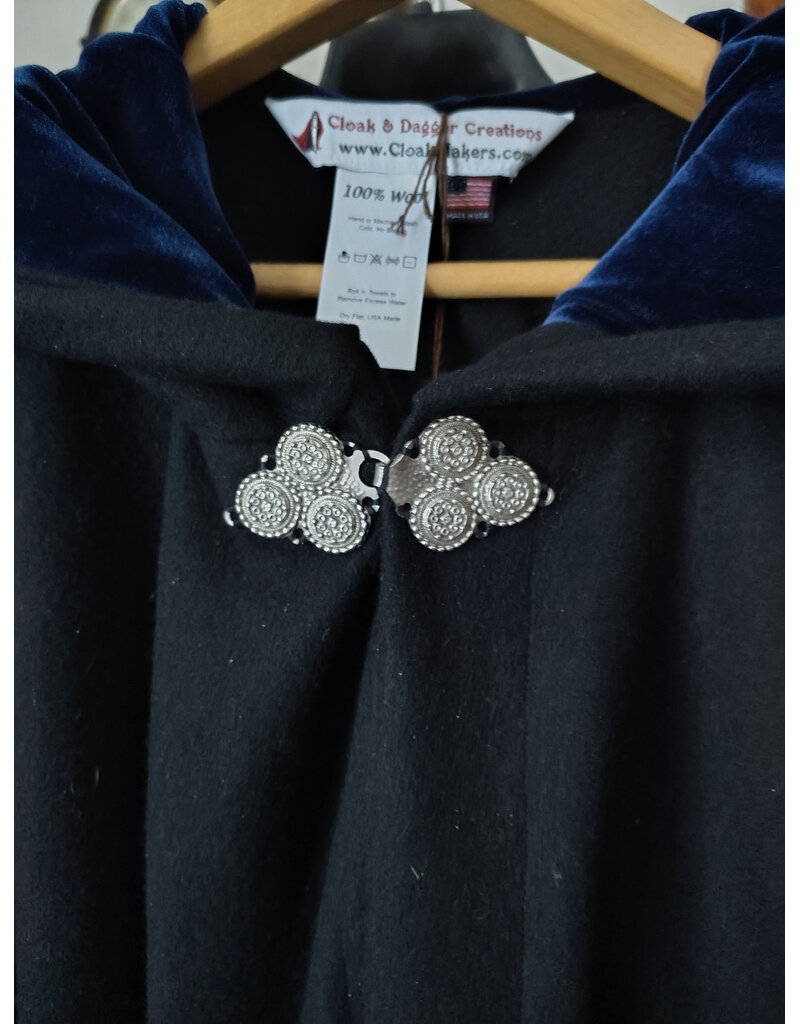Cloakmakers.com 5945-Washable Black Wool Cloak w/ Blue Velvet Hood Lining & Triple Medallion Clasp