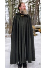 Cloakmakers.com 5947-Washable Green Wool Blend Ranger Cloak w/ Dark Green Velveteen Hood Lining, & Gold Tone Triple Medallion Clasp