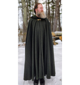 Cloakmakers.com 5947-Washable Green Wool Blend Ranger Cloak w/ Dark Green Velveteen Hood Lining, & Gold Tone Triple Medallion Clasp